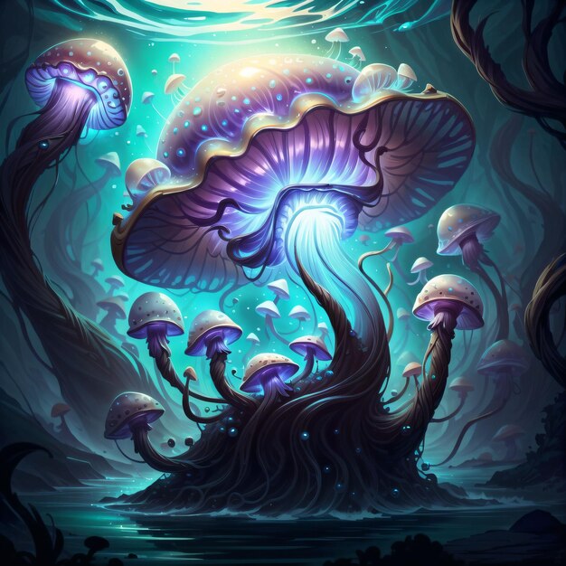 Bright mushrooms underwater