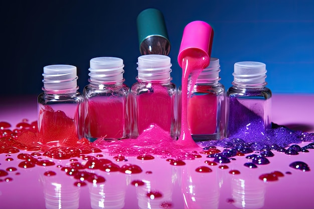 Bright nail polish spilling from bottles in picture