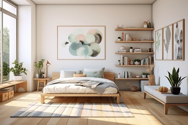 Яркий и естественный интерьер детской спальни с деревянной мебелью, дизайнерским оборудованием и плакатом на белой стене