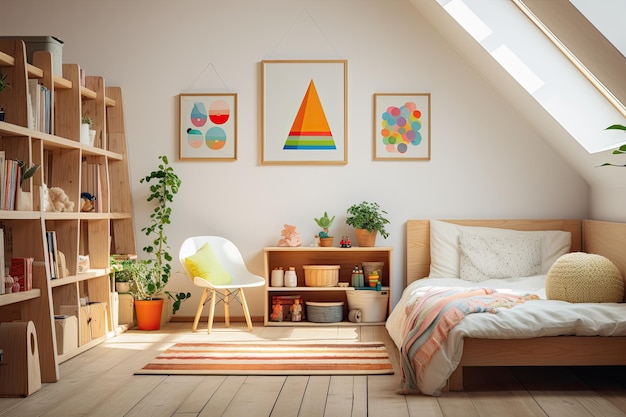 Яркий и естественный интерьер детской спальни с деревянной мебелью, дизайнерским оборудованием и плакатом на белой стене