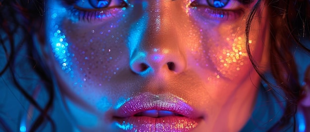 In a bright neon blue and purple light she poses in a metallic silver lip and face look with glowing makeup Vivid neon glitter makeup looks