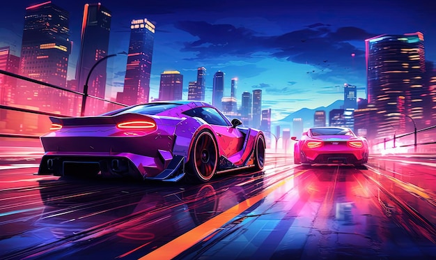 a bright neon colored car on racetrack in the style of futuristic cityscapes