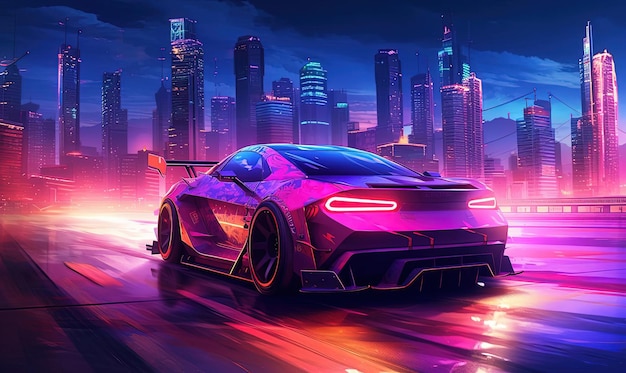 a bright neon colored car on racetrack in the style of futuristic cityscapes