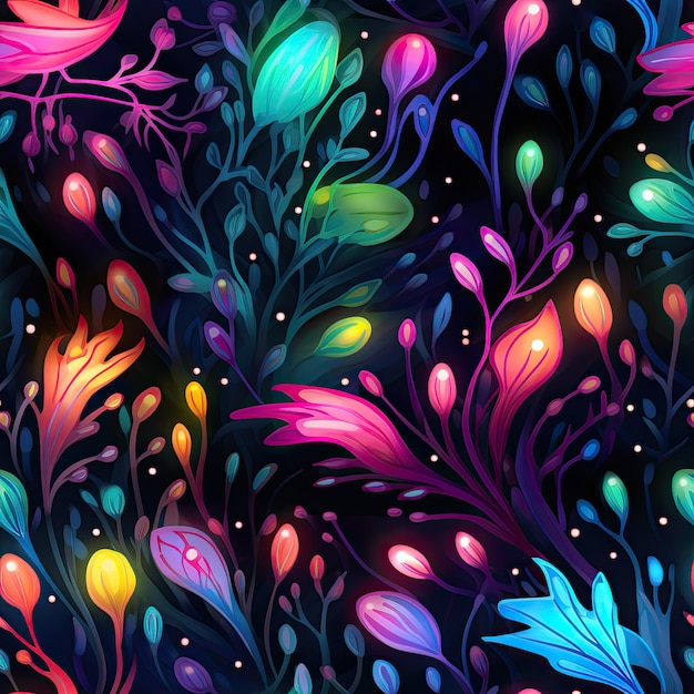 bright neon colorful bacterial flowers glowing in dark repeating pattern on black background