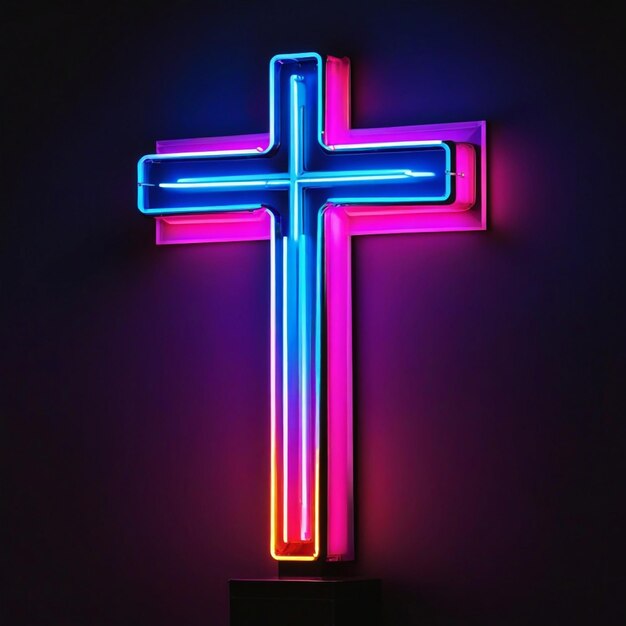 Photo bright neon light cross