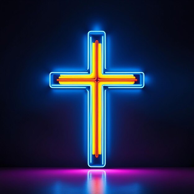 Photo bright neon light cross