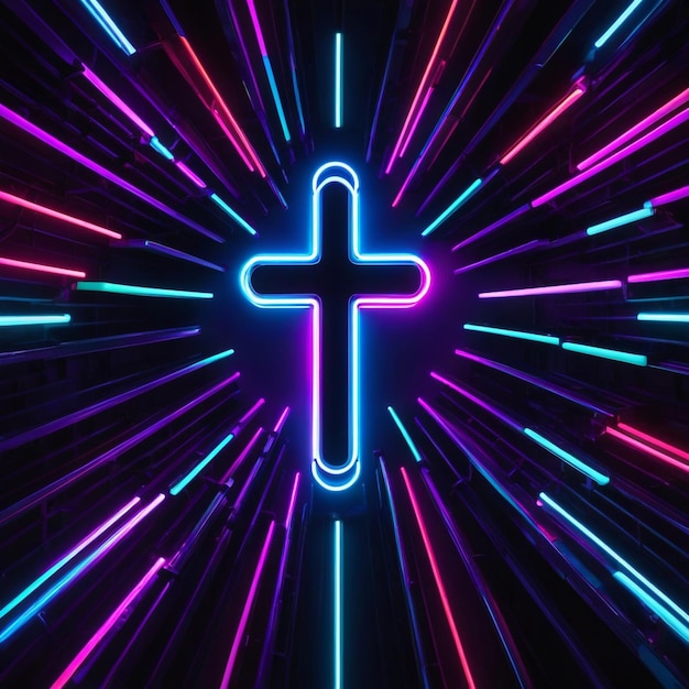 Photo bright neon light cross