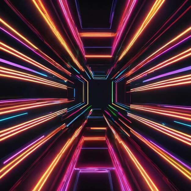 Bright neon lines and beams in dark space 3d illustration