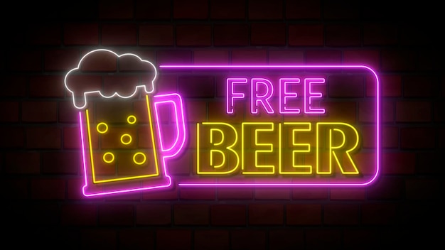 Insegna al neon luminosa che dice free beer su un muro di mattoni elettrici segnaletica pub