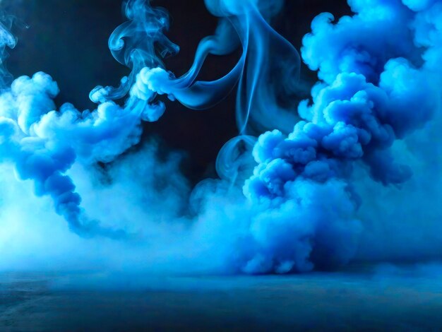 Bright neon smoke above the floor surface dark gloomy scene Blue fog swirling above the ground