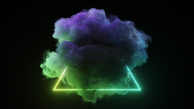 Фото Яркий неоновый треугольник на черном изолированном фоне облако вокруг и внутри треуголя фантастический современный дизайн