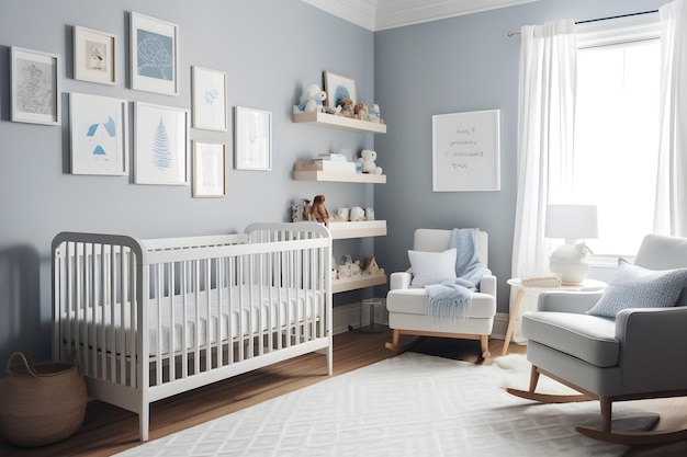 Bright nursery room with a baby bed