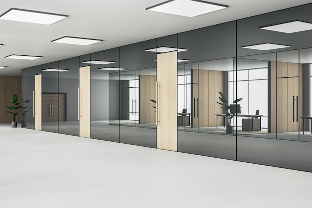 Photo bright office hallway interior with wooden glass and concrete elements 3d rendering