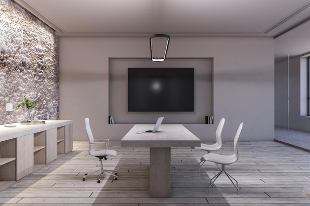 Bright office interior with furniture and equipment 3D Rendering