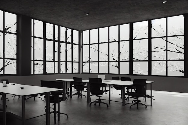 Светлое офисное помещение с большими окнами с дневными лучами солнца и рабочими столами с офисными стульями 3d иллюстрация