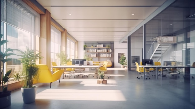 A bright office space with yellow chairs and a desk with a plant on the wall.