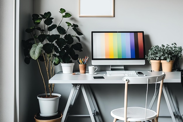 A bright offices interior features a desk a shelf