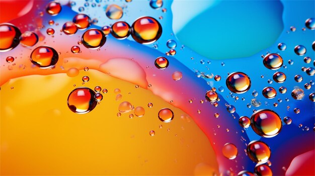 Bright oily drops in water with colorful background closeup view