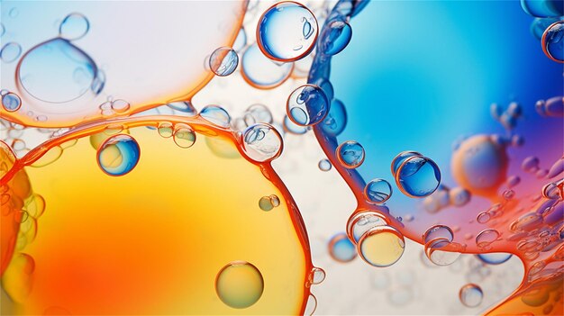 Bright oily drops in water with colorful background closeup view