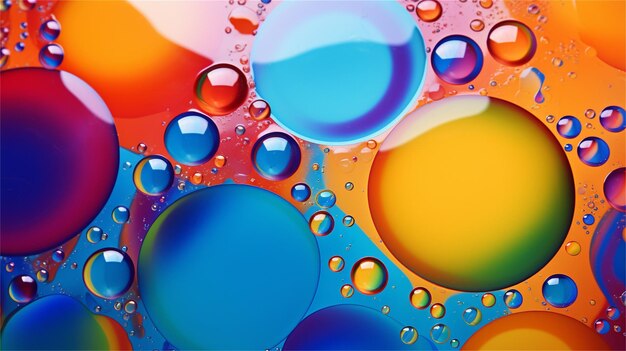 Bright oily drops in water with colorful background closeup view