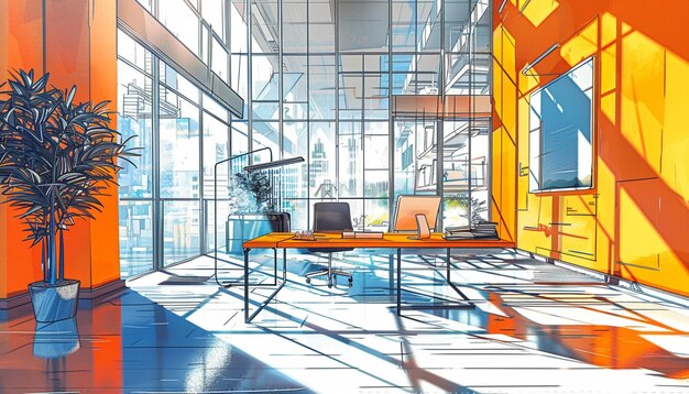 Photo bright open and modern graphic designers office with big windows in orange with a computer on it