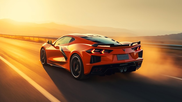 A bright orange 2020 corvette is driving on a road.