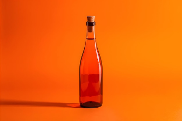 Bright orange background highlights slim empty bottle with corked neck and subtle shadows