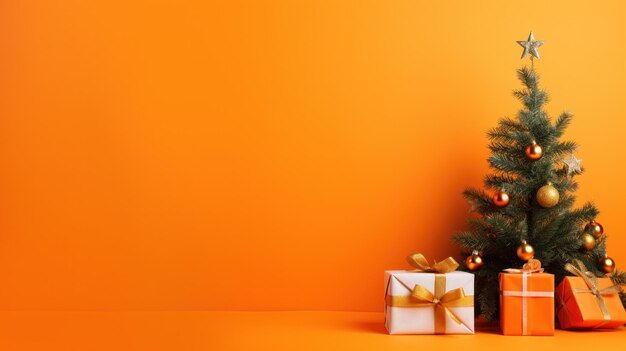 A bright orange background with a small christmas tree and a few gift boxes placed around it