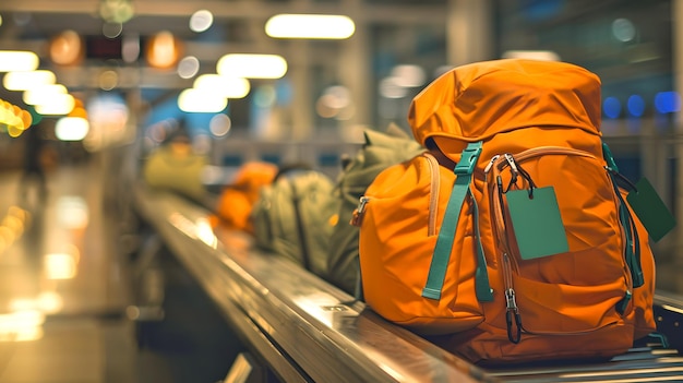 Bright Orange Backpack on Conveyor Belt at Airport Travel and Adventure Concept Modern Lightweight Bag for Travellers Stylish Luggage Accessory AI