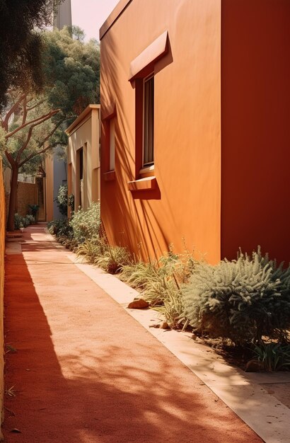 A bright orange building with a tree in the background