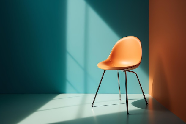 A bright orange chair in front of a blue wall.