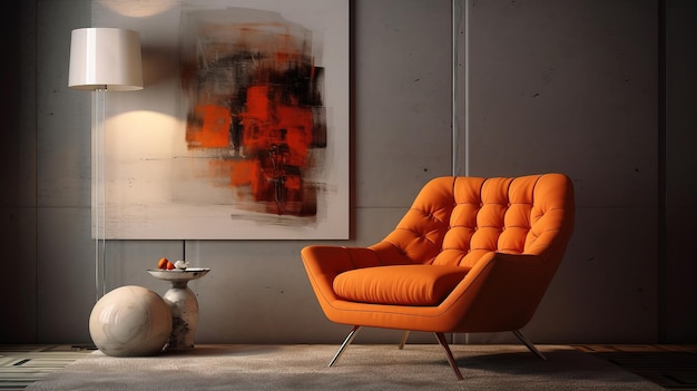 A bright orange chair in a room with a painting on the wall.