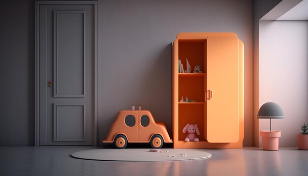 おもちゃの車ジェネレーティブ AI を備えた明るいオレンジ色の子供部屋のコンセプト