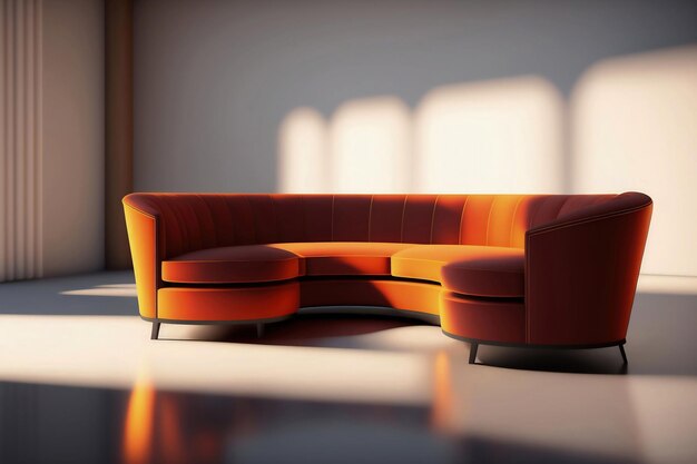 A bright orange couch in a room with a window behind it.