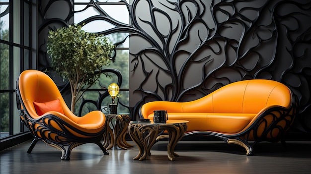 a bright orange couch with a black and gold design.