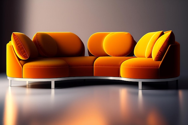 A bright orange couch with the word love on it