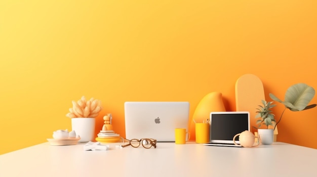 A bright orange desk with a yellow wall and a laptop, glasses, a cup of coffee, and a yellow apple on it.