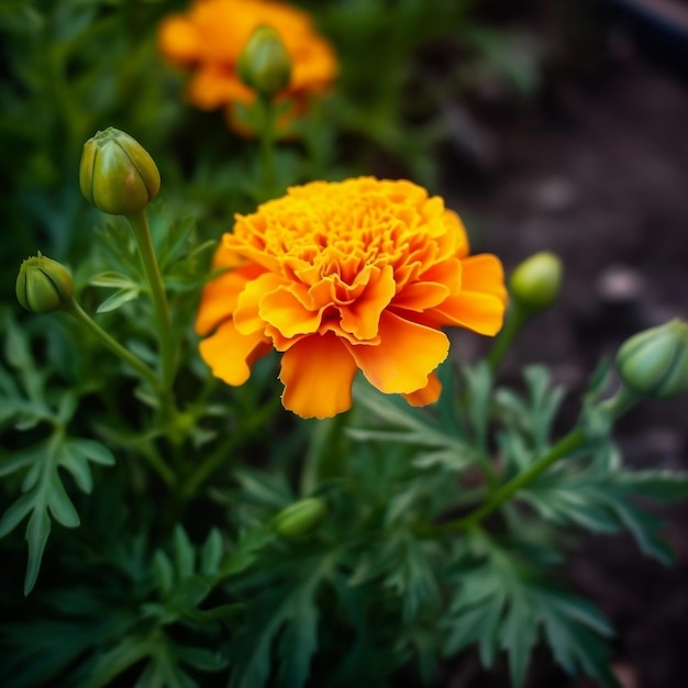 A bright orange flower with the word marigold on it