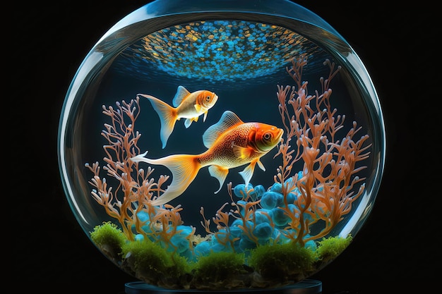 鮮やかなオレンジ色の金魚が、水と水草のある透明な水槽を泳ぎます 大小さまざまな金魚が生き生きとしたダイナミックなシーンを演出します AI 生成