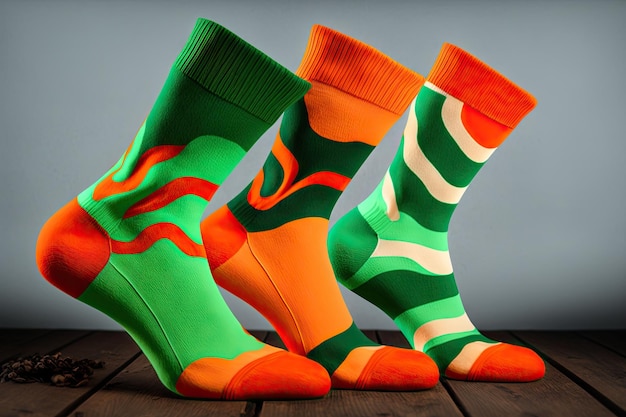Bright orange and green set of socks for men on light background created with generative ai
