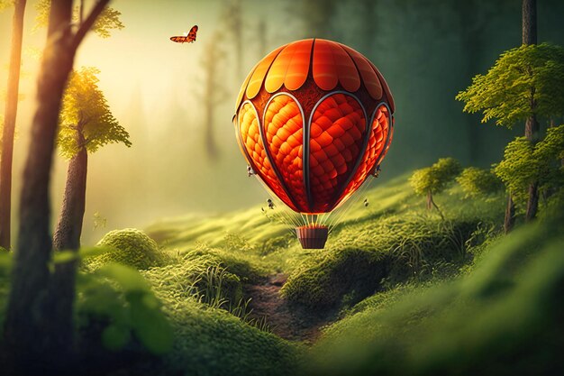 A bright orange hot air balloon soars gracefully above the countryside