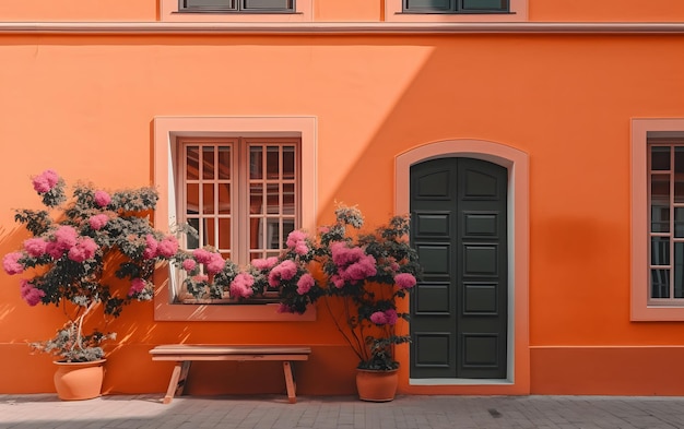 Яркий оранжевый дом со скамейкой и цветами.