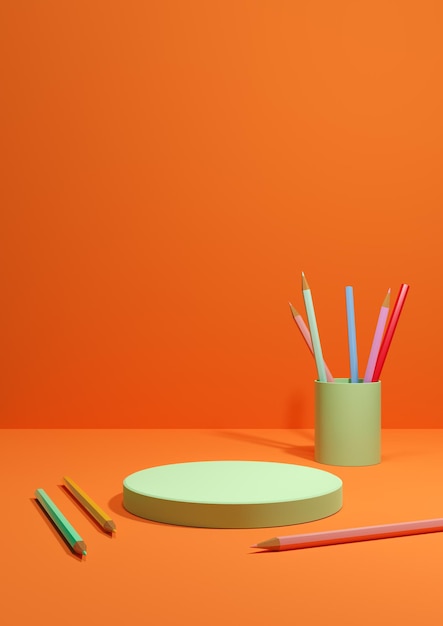 Bright orange Illustration back to school product display podium stand side pencils on table product