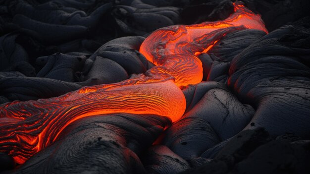 Bright orange lava flowing south from an active gray volcano AI generative