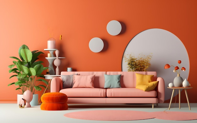 A bright orange living room with a pink couch and a round plant on the wall.