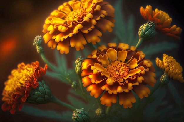 Bright orange marigold flowers with small buds and leaves