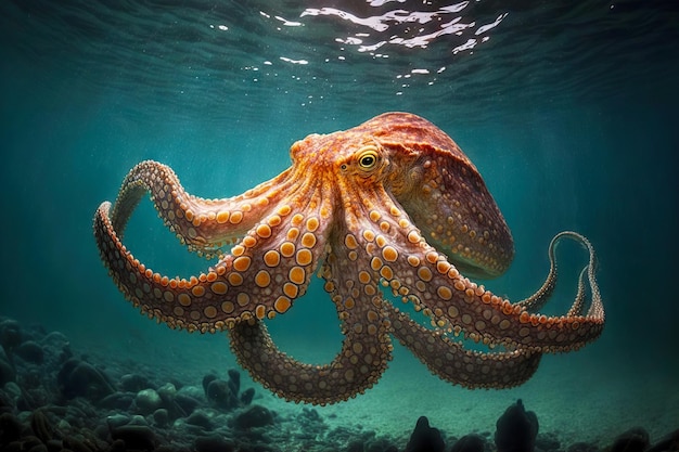 Foto mare di polpo arancione brillante con testa grande e spessi tentacoli nel mar mediterraneo