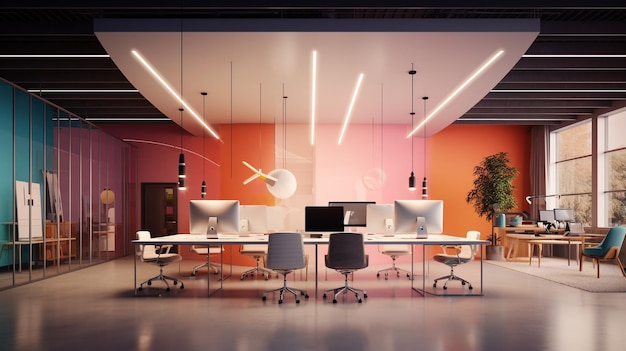 A bright orange office with a desk and a few computers.