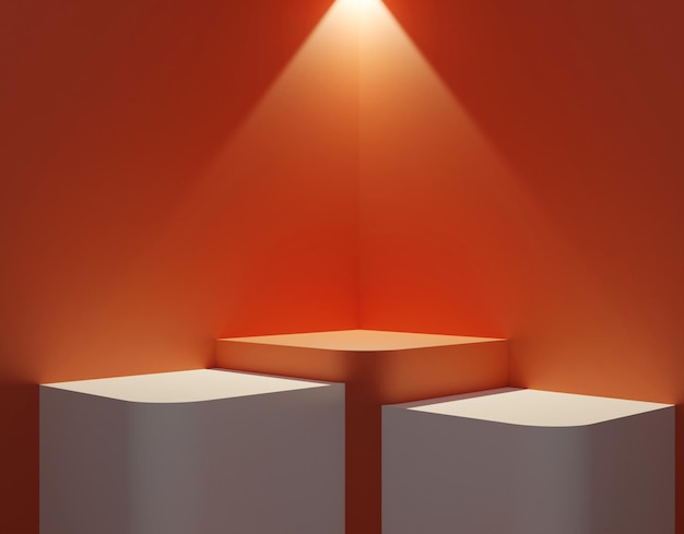 A bright orange room with a light on the wall and three white boxes.