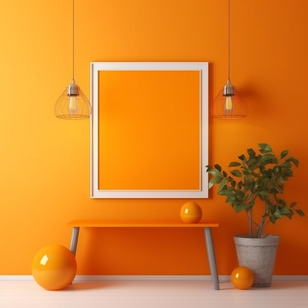 A bright orange room with a picture frame and a plant.